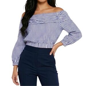 NWOT Zara Blue White Striped Puff Sleeve Off-Shoulder Preppy Cropped Blouse Top